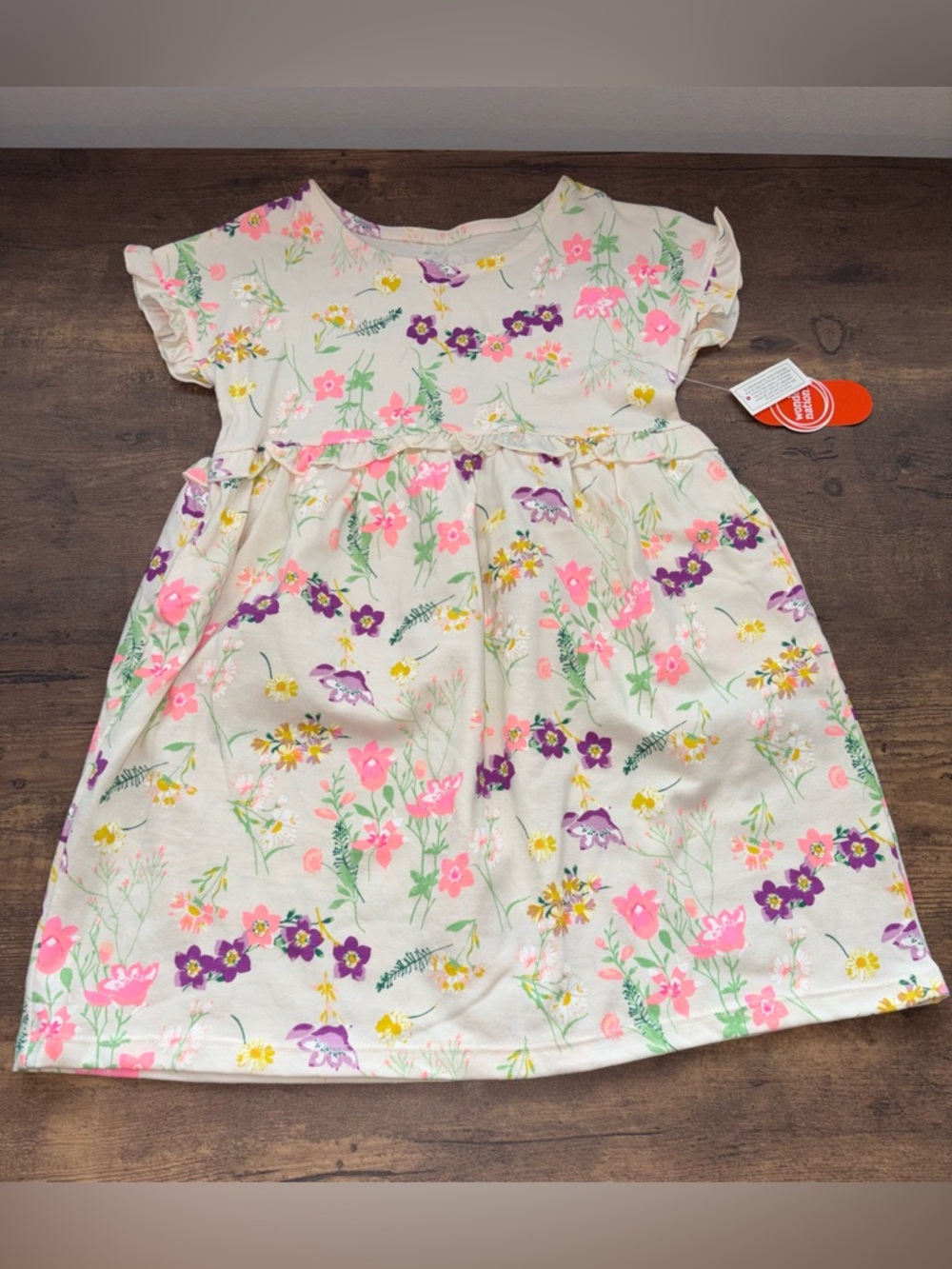 Girls' Floral Cream Dress with Pink & Purple Flowers